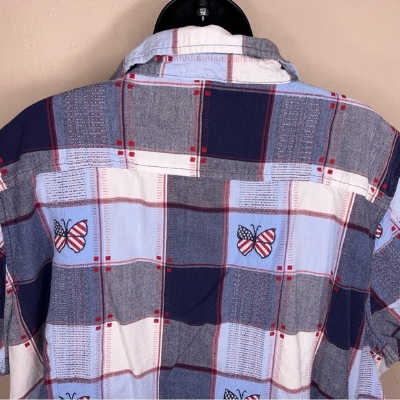 SIZE 26w 28w VINTAGE NORTHCREST RED WHITE BLUE BUTTON FRONT SHORT SLEEVE - Picture 8 of 11